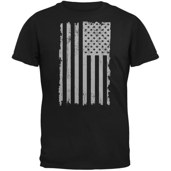 Distressed Grey Vertical American Flag Black Adult T-Shirt - Small