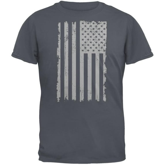 Distressed Grey Vertical American Flag Charcoal Grey Adult T-Shirt - 2X-Large