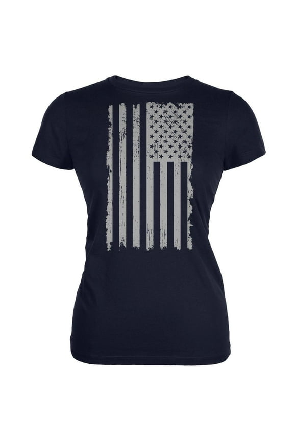 Distressed Grey Vertical American Flag Navy Juniors Soft T-Shirt - Large