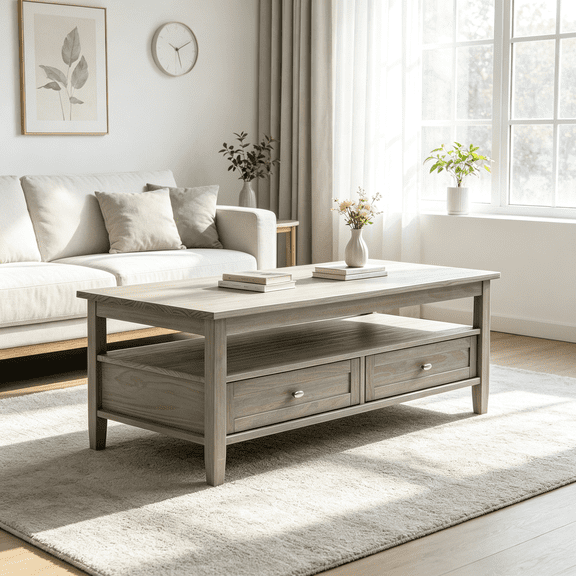 Distressed Grey Wood Coffee Table, 48 Inch Shaker Cocktail Table with Storage Drawers and Shelf