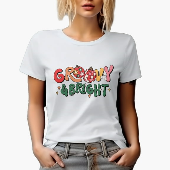 Distressed Groovy & Bright with Christmas Balls - Retro Wavy Text Art Merch Gift, White T-Shirt, Small
