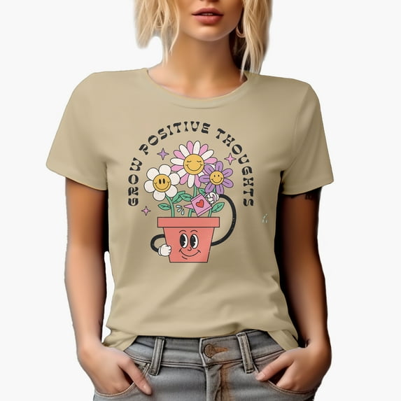 Distressed Grow Positive Thoughts - Retro Flower Plant Art Merch Gift, Tan T-Shirt, Large