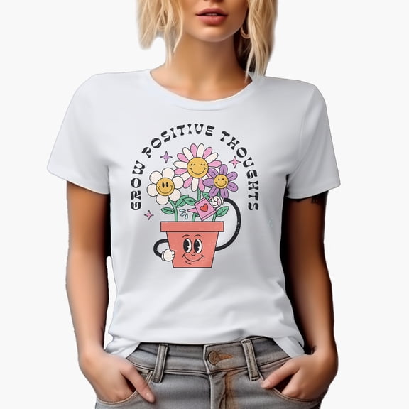 Distressed Grow Positive Thoughts - Retro Flower Plant Art Merch Gift, White T-Shirt, XL