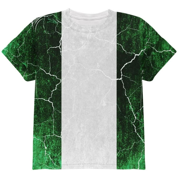 Distressed Grunge Flag of Nigeria All Over Youth T Shirt Multi YLG