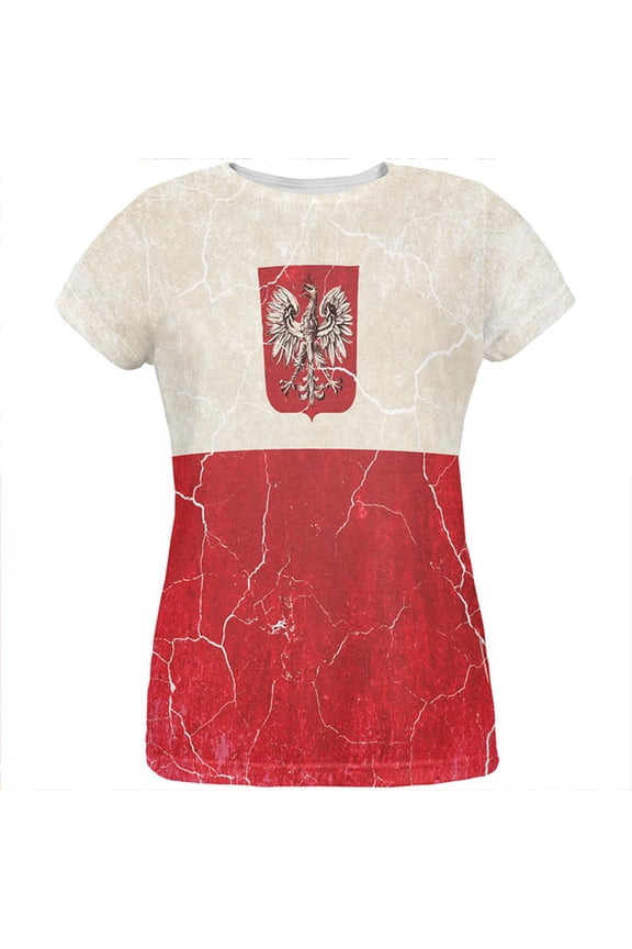 Distressed Grunge Polish Crest Flag All Over Womens T Shirt Multi X-LG