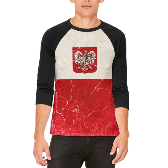 Distressed Grunge Polish Crest Flag Mens Raglan T Shirt White-Black X-LG