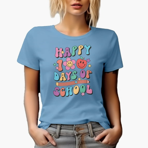 Distressed Happy 100 Days of School - 90s Retro Groovy Wavy Text & Back-To-School Themed Merch Gift, Baby Blue T-Shirt, 2XL
