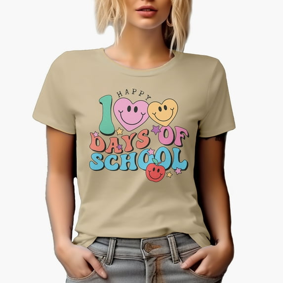 Distressed Happy 100 Days of School - 90s Retro Wavy Text Art Merch Gift, Tan T-Shirt, XL