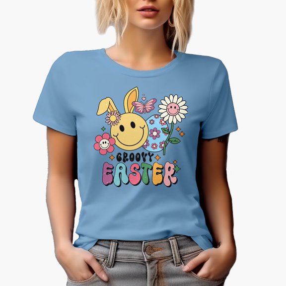 Distressed Happy Easter - Cute Bunny or Rabbit Carrying an Egg, Favor, Souvenir or Merch Gift, Baby Blue T-Shirt, 2XL