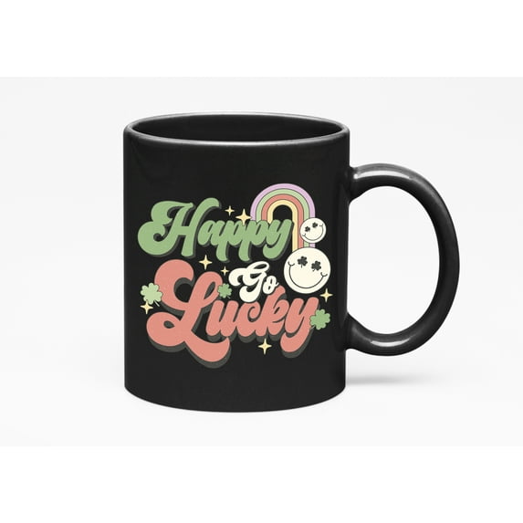 Distressed Happy Go Lucky, Retro St. Patrick's Day Gift, Black 11oz Ceramic Mug