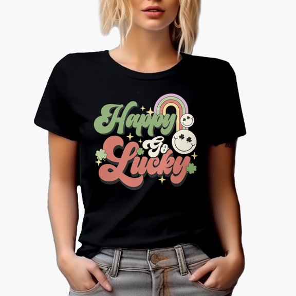 Distressed Happy Go Lucky, Retro St. Patrick's Day Gift, Black T-Shirt, Small
