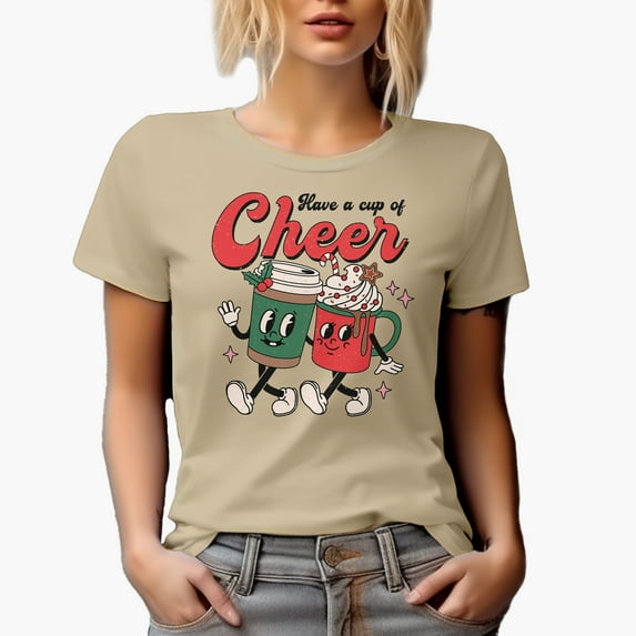 Distressed Have a Cup of Cheer - Retro Christmas Season Art Merch Gift, Tan T-Shirt, Medium