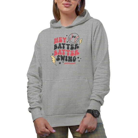 Distressed Hey Batter Batter Swing - 90s Retro Groovy Wavy Text & Baseball Themed Merch Gift, Heather Grey Hooded Sweatshirt or Hoodie, 3XL
