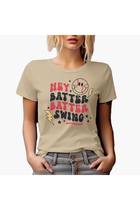 Distressed Hey Batter Batter Swing - 90s Retro Groovy Wavy Text & Baseball Themed Merch Gift, Tan T-Shirt, Medium