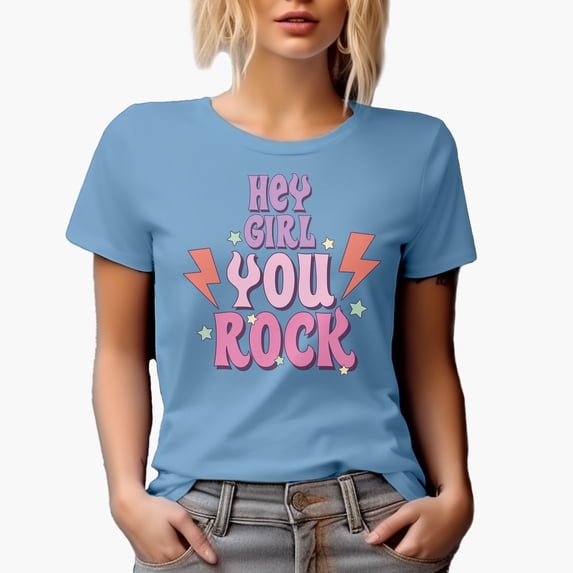 Distressed Hey Girl, You Rock - Retro Art Merch Gift, Baby Blue T-Shirt, Medium