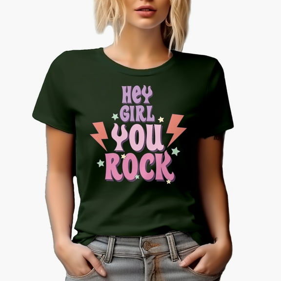 Distressed Hey Girl, You Rock, Retro Art Merch, Military Green T-Shirt, Large