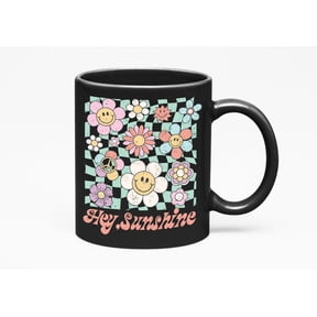 Distressed Hey, Sunshine & Retro Smiling Flowers Art Merch Gift, Black 11oz Ceramic Mug