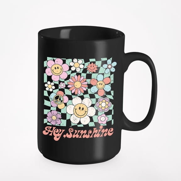 Distressed Hey, Sunshine & Retro Smiling Flowers Art Merch Gift, Black 15oz Ceramic Mug