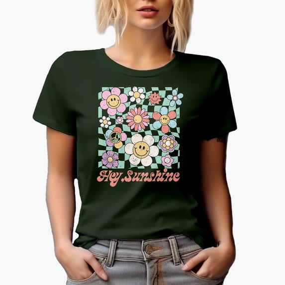 Distressed Hey, Sunshine & Retro Smiling Flowers Art Merch Gift, Military Green T-Shirt, XL