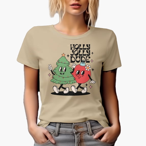 Distressed Holly Jolly Dude - Retro Christmas Tree & Ball Art Merch Gift, Tan T-Shirt, Medium