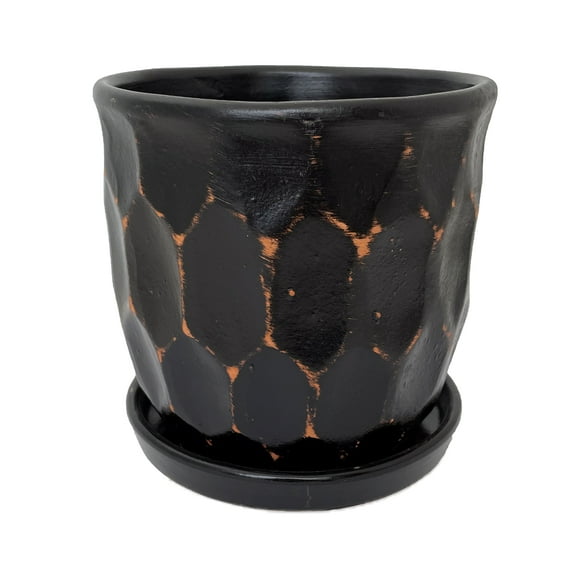 Distressed Honeycomb Ceramic Planter with Attached Saucer - Black - 5.5" x 5.5"