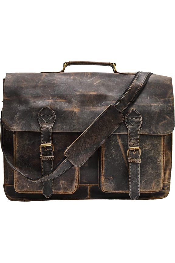 Distressed Hunter Buffalo Leather Laptop Messenger Bag Office Briefcase Crossbody Travel Bag Office Bag