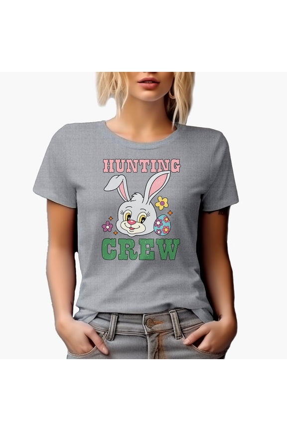 Distressed Hunting Crew - Bunny Head & Easter Egg Art Favor, Souvenir or Merch Gift, Heather Grey T-Shirt, XL