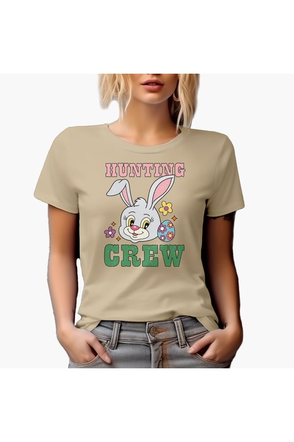 Distressed Hunting Crew - Bunny Head & Easter Egg Art Favor, Souvenir or Merch Gift, Tan T-Shirt, Large