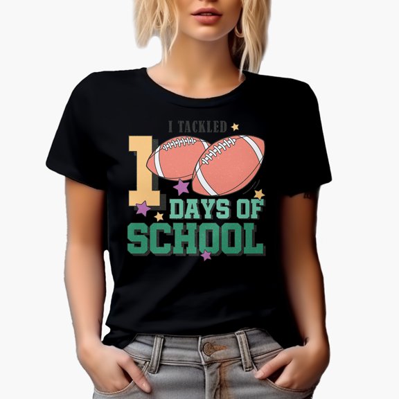 Distressed I Tackled 100 Days of School with Football Art Merch Gift, Black T-Shirt, Small
