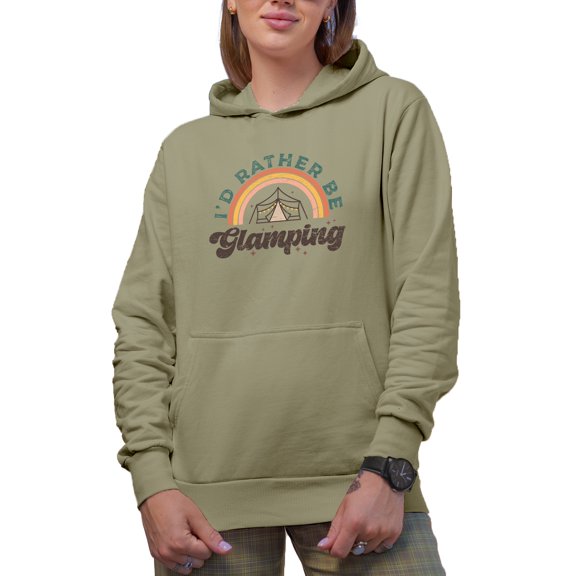 Distressed I'd Rather Be Glamping - Retro Rainbow & Tent Art Merch Gift, Sand Hooded Sweatshirt or Hoodie, Small