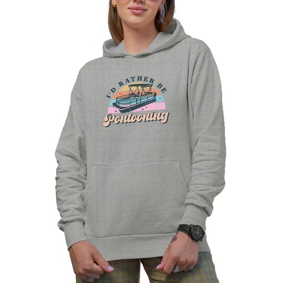 I'd Rather Be Pontooning with Retro Pontoon Art Merch Gift, Heather Grey Hooded Sweatshirt or Hoodie, Large
