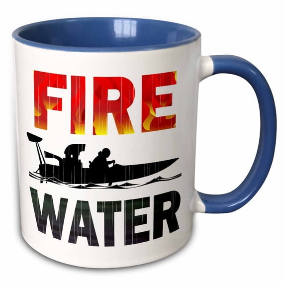 3drose, Distressed Image of a Drag Boat with Custom Fire and Water Text, 11oz Two-tone Blue Mug