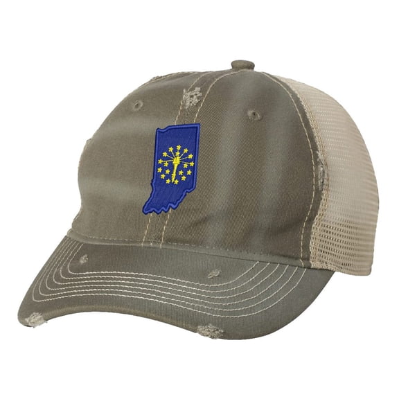 Vintage Indiana Hat – Distressed Trucker Cap with State Flag Embroidery (Olive)