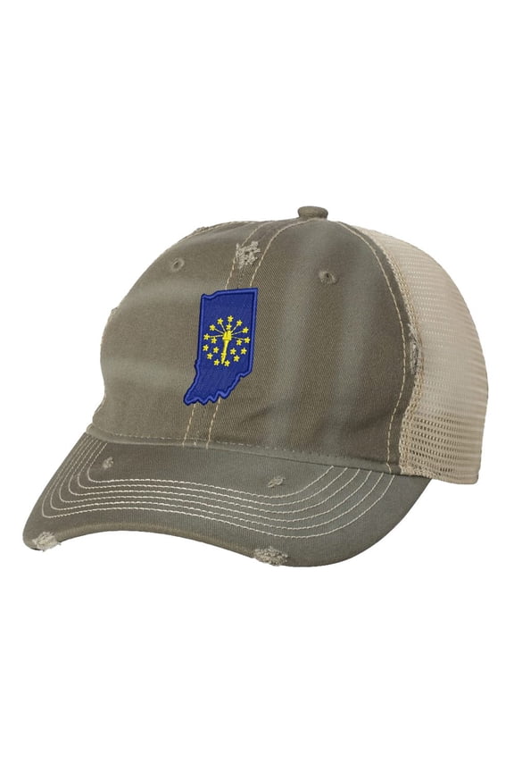 Vintage Indiana Hat – Distressed Trucker Cap with State Flag Embroidery (Olive)