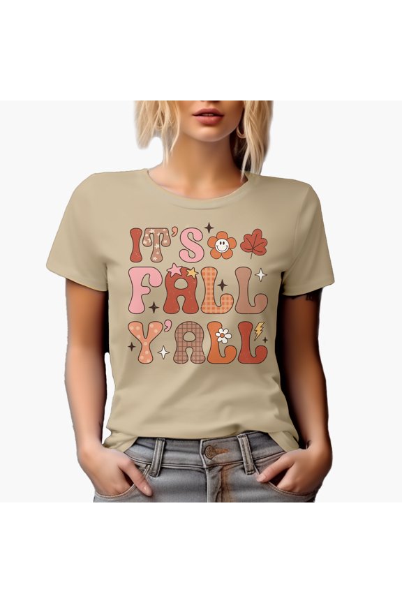 Distressed It's Fall Y'all - Retro Autumn Art Merch Gift, Tan T-Shirt, Small