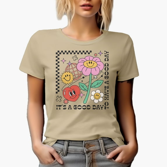 Distressed It's a Good Day to Have a Good Day - Retro Smiling Faces Art Merch Gift, Tan T-Shirt, Small