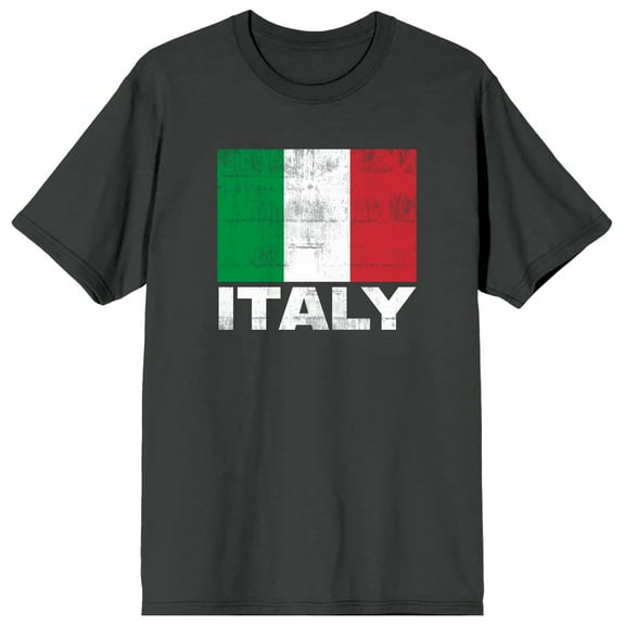 Distressed Italian Flag and Italy Text on Pepper Black Ground Adult Crew Neck Short Sleeve T-shirt - XL