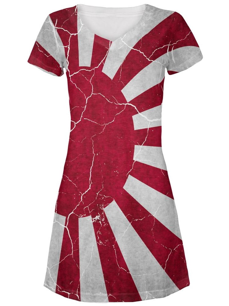 Distressed Japanese Rising Sun Flag Juniors V-Neck Beach Cover-Up Dress ...