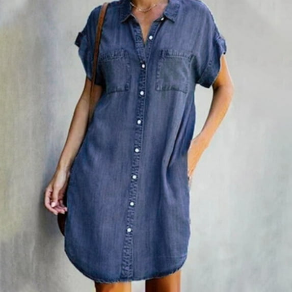 Distressed Jean Denim Dresses for Women Short Sleeve Long Dress V Neck Button Loose Maxi Dresses Fashion Dress
