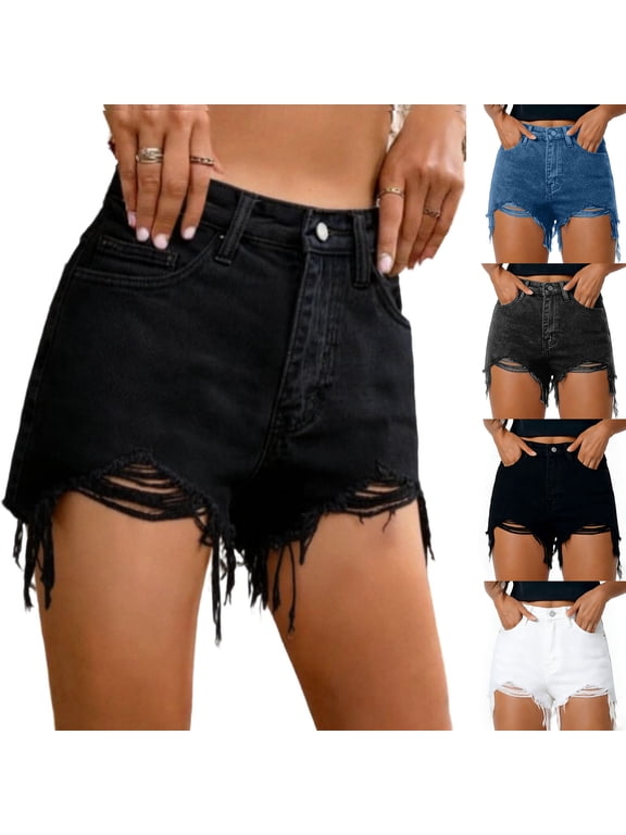 Distressed Jean Shorts for Women - Ripped Cut Off Denim Shorts - Lightweight Summer Casual High Waisted Washed Jeans Shorts with Pockets, Black l