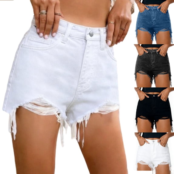 Distressed Jean Shorts for Women - Ripped Cut Off Denim Shorts - Lightweight Summer Casual High Waisted Washed Jeans Shorts with Pockets, White xxs