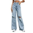 thumbnail image 1 of Distressed Jeans for Women, Audhol Women Casual Loose Ripped Button Zipper Pocket Straight Leg Wide Leg Trousers Jeans Baggy Jeans Blue S, 1 of 10