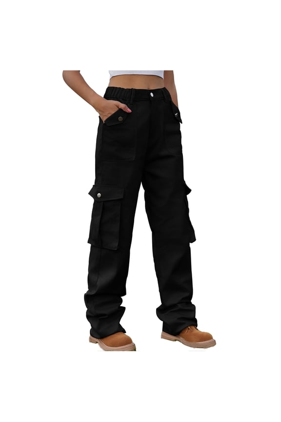 Distressed Jeans for Women High Waist Stretch Cargo Pants Women Baggy Multiple Pockets Relaxed Fitting Straight Wide Leg Pants S-41 Black L