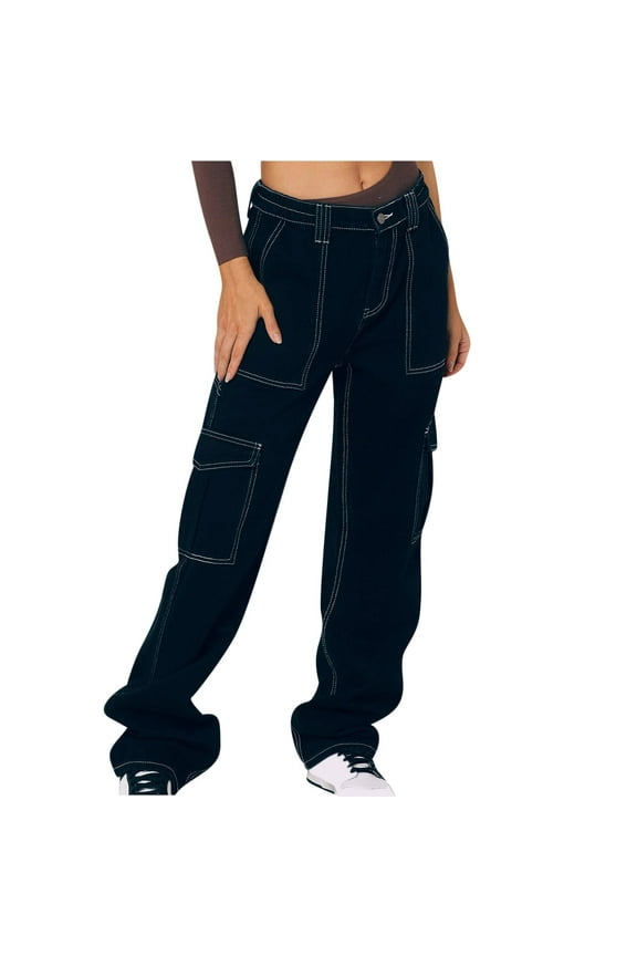 Distressed Jeans for Women Women High Waisted Cargo Jeans Pants Wide Leg Casual Pants with Pockets Military Trousers S-27 Black XL