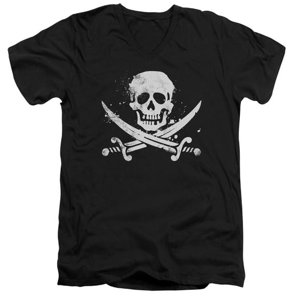 - Distressed Jolly Roger - Slim Fit V Neck Shirt - Small