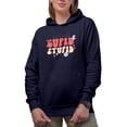 thumbnail image 1 of Distressed Just Call Cupid, Stupid, 90s Retro Groovy Text Valentine's Day Gift, Navy Blue Hooded Sweatshirt or Hoodie, Large, 1 of 5