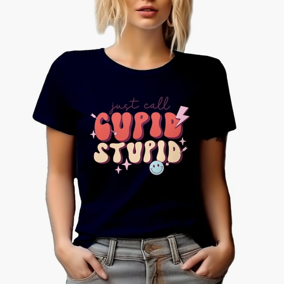 Distressed Just Call Cupid, Stupid, 90s Retro Groovy Text Valentine's Day Gift, Navy Blue T-Shirt, 2XL