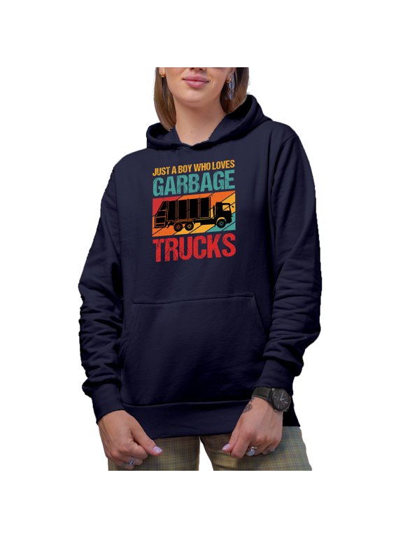 Distressed Just a Boy Who Loves Garbage Trucks - Garbage Man or Collector Themed, Navy Blue Hooded Sweatshirt or Hoodie, Small