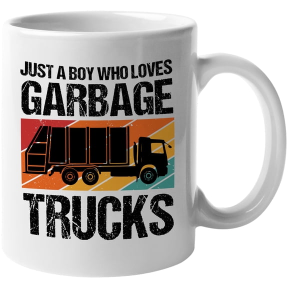 Distressed Just a Boy Who Loves Garbage Trucks, Garbage Man or Collector Themed, White 11oz Ceramic Mug