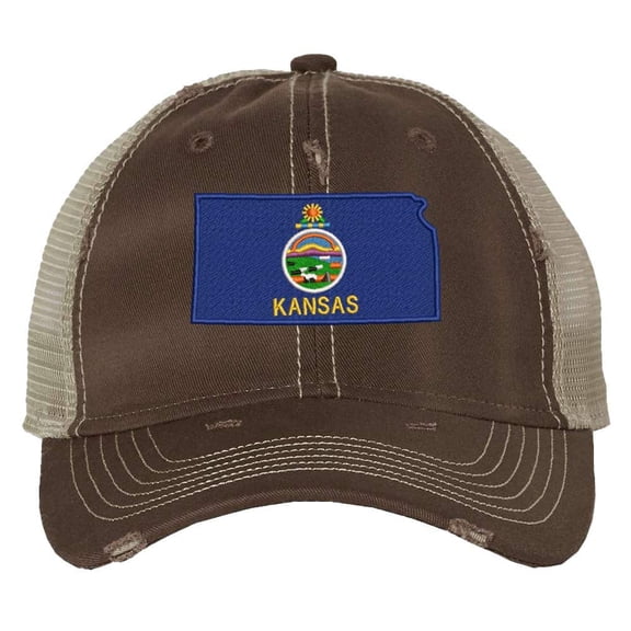 Distressed Kansas Trucker Hat - Vintage State Flag Patriotic Mesh Strapback Cap - Sunflower State (Brown)
